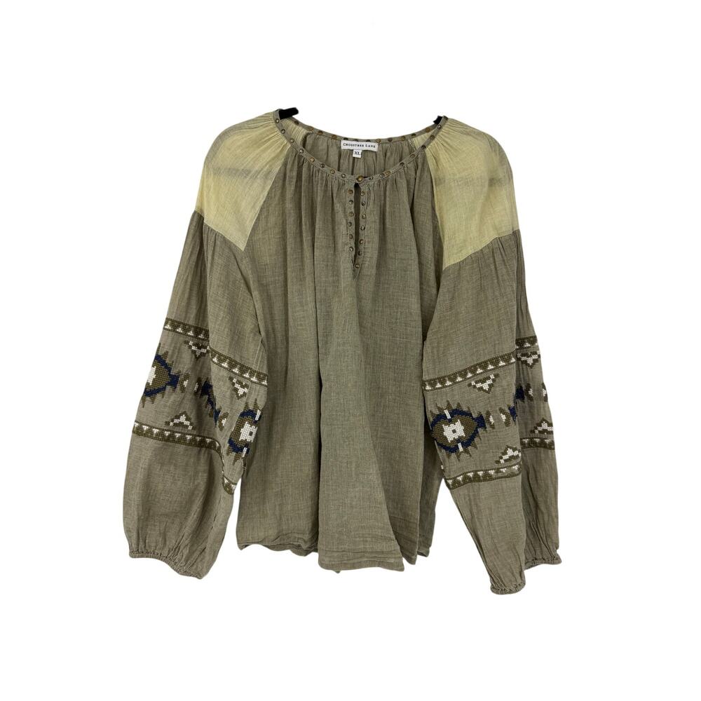 Crosstree Lane Womens XL Gauze Cotton Boho Top Green Embroidered Puff Sleeve
